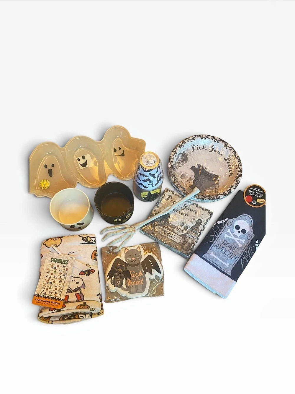 Halloween Party Decor Bundle Candy Bowls Kitchen Towels Cups Napkins Skeleton Ar